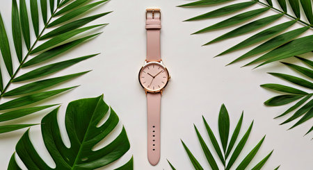 Stylish Pastel Pink Wristwatch Displayed with Lush Tropical Palm Leaf Flatlayの写真素材