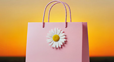 Playful Pastel Pink Shopper Bag with Fresh Daisy on a Sunny Orange Sunset Viewの写真素材