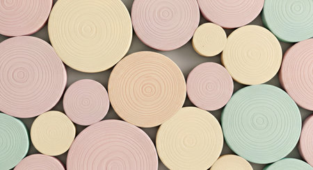 Gentle Abstract Background of Pastel Wooden Circles with Unique Designの写真素材