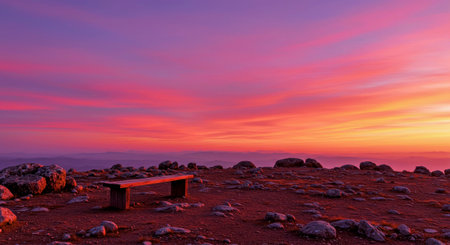 Scenic Pink and Orange Sunset Over Barren Landscape with Empty Benchの写真素材