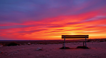 Atmospheric Pink and Orange Sunset Over Desolate Landscape and Benchの写真素材