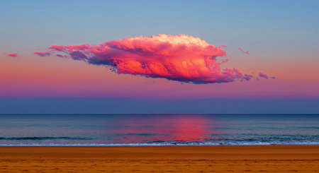 Gentle Pink Cloud Above a Peaceful Ocean and Expansive Sandy Beachの写真素材