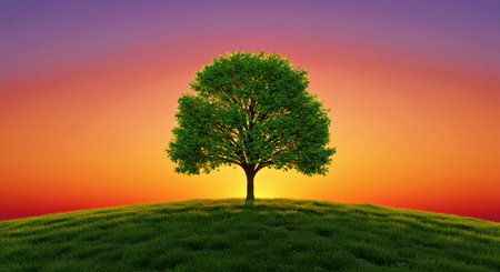 Serene Single Green Tree on Grassy Hill at Golden Sunset Light