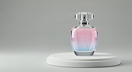 Chic Perfume Bottle with Soft Pastel Hues on a Sleek Product Display Pedestalの写真素材