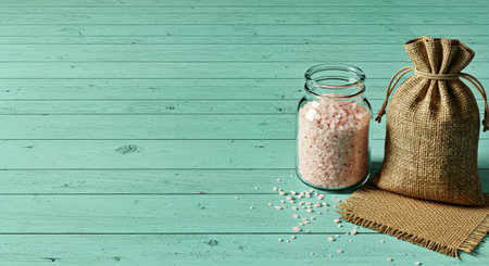 Soothing Pastel Teal Wooden Surface with Burlap Pouch and Bath Salts Containerの写真素材