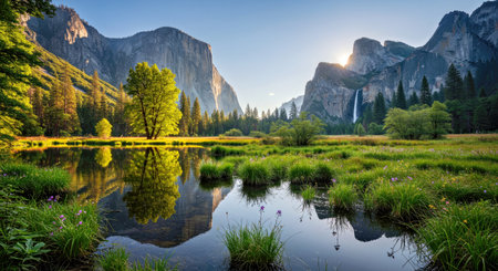 Serene Pond Scene in Majestic Yosemite National Park Natureの写真素材