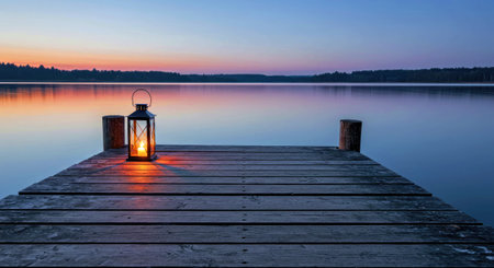 Serene Dock Scene Glowing Lantern On Wooden Jetty Overlooking Still Water Peaceful Evening Ambiance