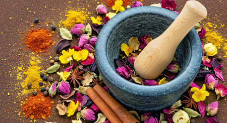 Serene Apothecary Scene with Mortar Pestle Dried Herbsの写真素材