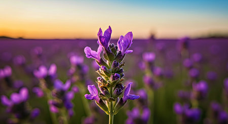 Vibrant Purple Lavender Flower Field in Summer Macro View