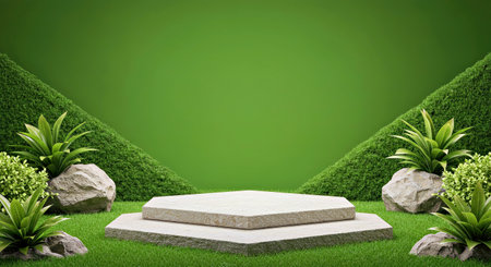 Natural Stone Display Pedestal on Green Background with Botanical Decorの写真素材