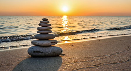 Beautiful Stones Pyramid on Seashore at Sunset Majestic Coastal Landscape Viewの写真素材