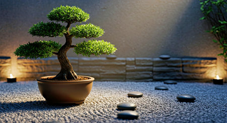 Tranquil Bonsai In Zen Garden Minimalist Pot Smooth Stones Soft Light For Peaceful Contemplation And...