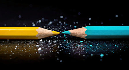 Striking Yellow and Teal Pencil Highlighted by White Chalk Dust on a Deep Black Canvas