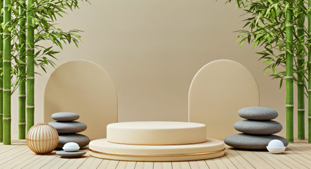 Bamboo Themed Soft Beige Pedestal Stage Three D Mock Up Zen Garden For Calm Wellness Product Showcaseの写真素材