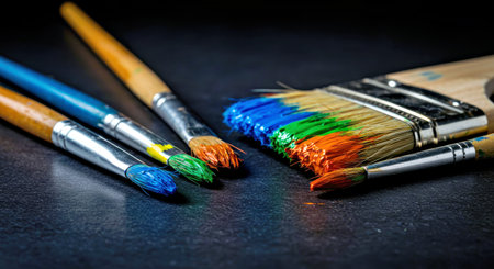 Creative Colorful Paintbrushes with Paint Marks on a Deep Backgroundの写真素材