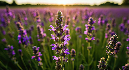 Beautiful Summer Lavender Field with Purple Blooms Macro Shot