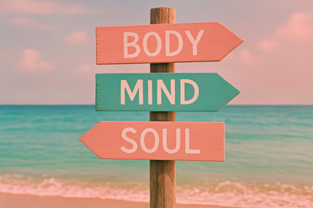 Body Mind Soul Wooden Signpost Seaside Positive Quoteの写真素材