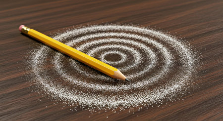 Close Perspective of a Pencil on a Concentric Chalk Dust Design on a Black Wood Board