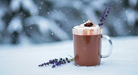 Calming Lavender Infused Hot Chocolate Cozy Winter Treat Snowy Backdrop