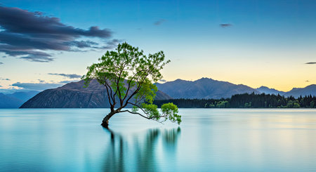 Majestic Tree in Calm New Zealand Lake at Sunsetの写真素材
