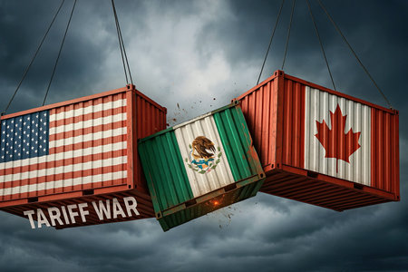 Conflicting Cargo Containers Symbolizing US Mexico Canada Trade and Tariff Dispute North American Economyの写真素材