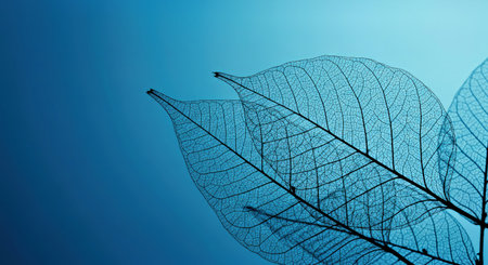 Intimate View of Translucent Leaves with Detailed Veins Against a Calming Blue Backdropの写真素材