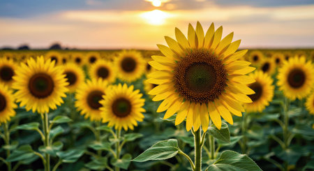 Golden Sunflower in Warm Sunset Light Summer Meadow Sceneの写真素材