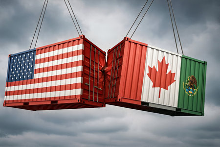 Visual Metaphor North American Trade Tensions US Mexico Canada Tariff War Cargo Containers Economic Strifeの写真素材