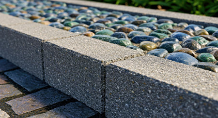Multicolored Pebble and Concrete Garden Border Edging Close Up Texture