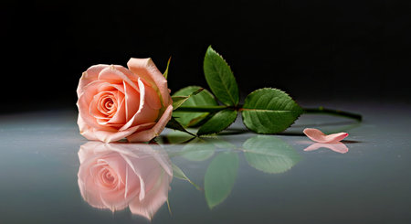 Graceful Soft Pink Rose Reflecting Light Symbolizing Beauty Romance In Serene Minimalist Floral Settingの写真素材