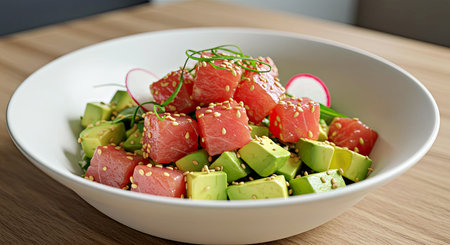 Hawaiian tuna salad with avocado, radish and sesame seeds