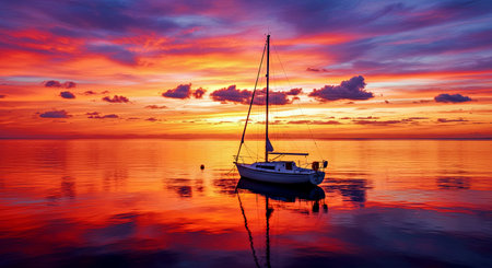 Sailing boat in the sea at sunset. Beautiful seascape.の写真素材