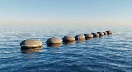 3D render of a row of stones in the sea at sunset