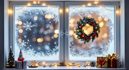 Serene Christmas Eve Window Scene with Frosted Glass and Twinkling Lightsの写真素材