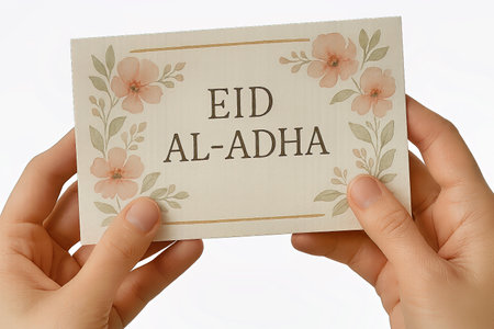 Loving Hands Holding Eid ul Adha Card with Elegant Florals