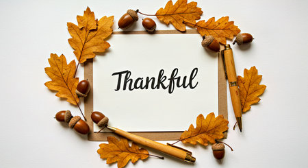 Thankful Handwritten Note with Colorful Autumn Leaves Acornsの写真素材