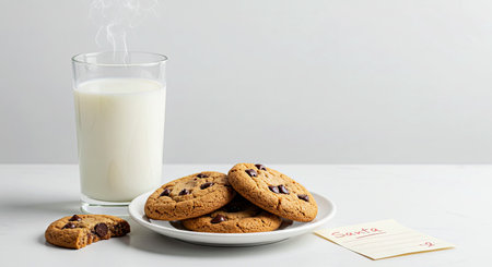 Chocolate chip cookies and a glass of milk on a white background