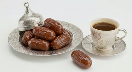 Delicious Textured Dates with Silver Serving Dish and Coffeeの写真素材