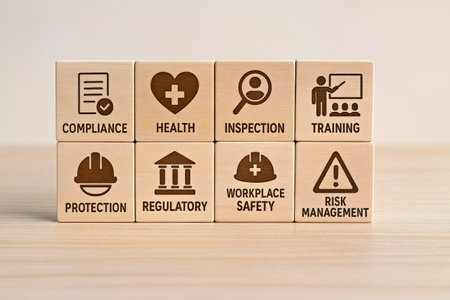 Critical Work Safety and Compliance Illustrated with Wooden Blocksの写真素材