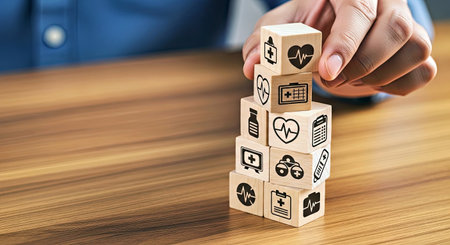Healthcare Insurance Concept Hand Stacking Medical Cubes