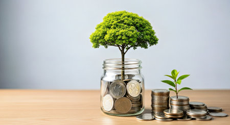 Tree Growing In A Glass Jar Of Coins Illustrating Profit From Bank Deposits And Stock Investment...