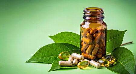 Natural Herbal Supplements In A Bottle With Capsules And Green Leaves On A Monochromatic Green Backgroundの写真素材