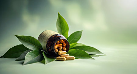 Bottle Of Herbal Supplements With Capsules And Fresh Green Leaves On A Matching Green-Themed Backgroundの写真素材