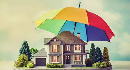 An Umbrella Covering A Model House As A Metaphor For Comprehensive Home And Property Insurance Coverageの写真素材