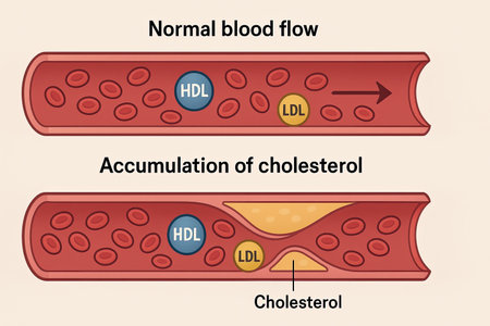 Comparative diagram of healthy artery versus artery with atherosclerosis showing cholesterol plaque buildupの写真素材