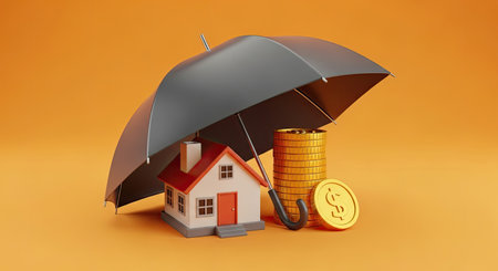 Three Dimensional Render Of A House And Coins Under An Umbrella Symbolizing Home Purchase Insuranceの写真素材