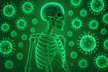 Striking Human Skeleton Engulfed by Green Glowing Microscopic Viral Particles Backgroundの写真素材