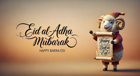 A festive design with a sheep character for wishing a Happy Bakra Eid the holy festival of sacrificeの写真素材