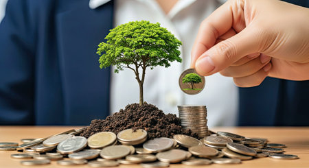 Female investor adding a coin to a money tree that is sprouting from a heap of coins for wealth...