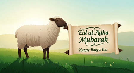 Greeting card design for the Islamic festival Eid al Adha showing a sheep for the celebration of Bakra Eidの写真素材